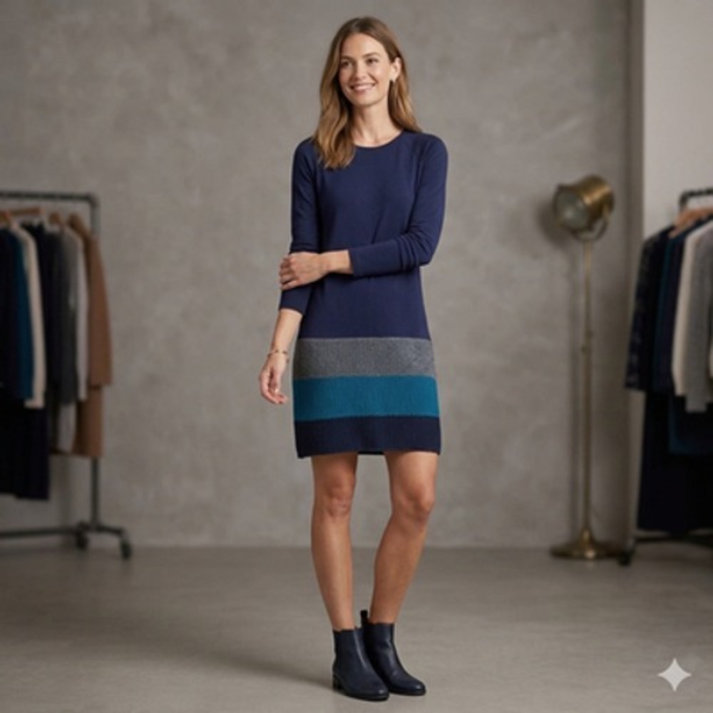 Bailey 44 Sweater Dress Womens Small Blue Colorblock Knit Long Sleeve Made USA